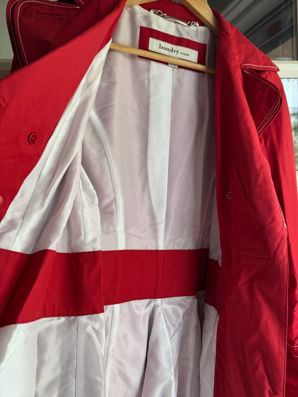 Laundry By Design Red Coat Bell Sleeve Trench Jacket Belted Cotton Fabulous - Picture 9 of 13